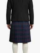 Person wearing a black jacket and plaid skirt on a white background