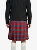 Person wearing a black coat and red plaid kilt on a white background
