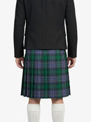 Person wearing a black jacket and green plaid kilt on a white background