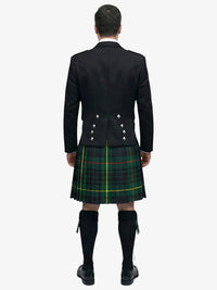Person wearing a black prince charlie jacket and hunting stewart tartan kilt on a white background