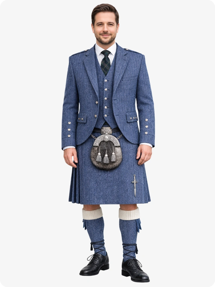 Indigo Blue Tweed Kilt With Indigo Blue Tweed Argyle Jacket Kilt Outfit