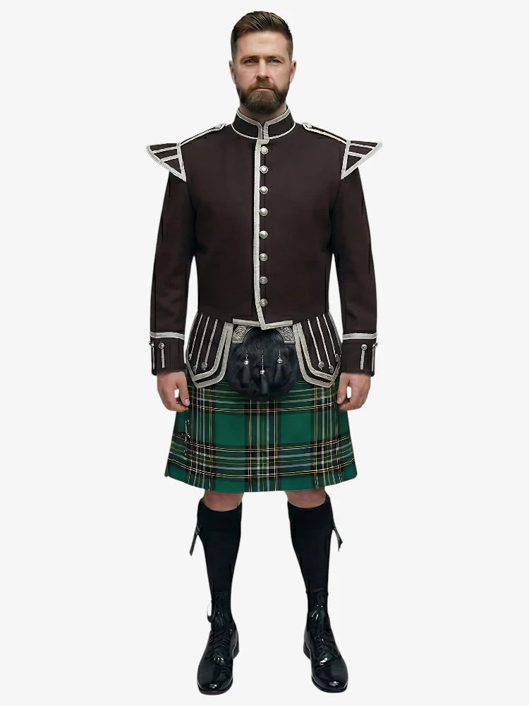 Completo Kilt Doublet Tartan Nazionale Irlandese con Giacca Marrone Scuro