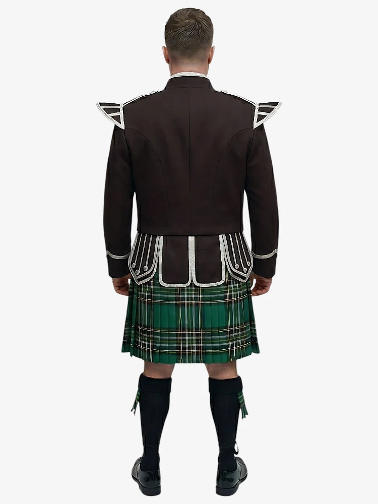 Completo Kilt Doublet Tartan Nazionale Irlandese con Giacca Marrone Scuro
