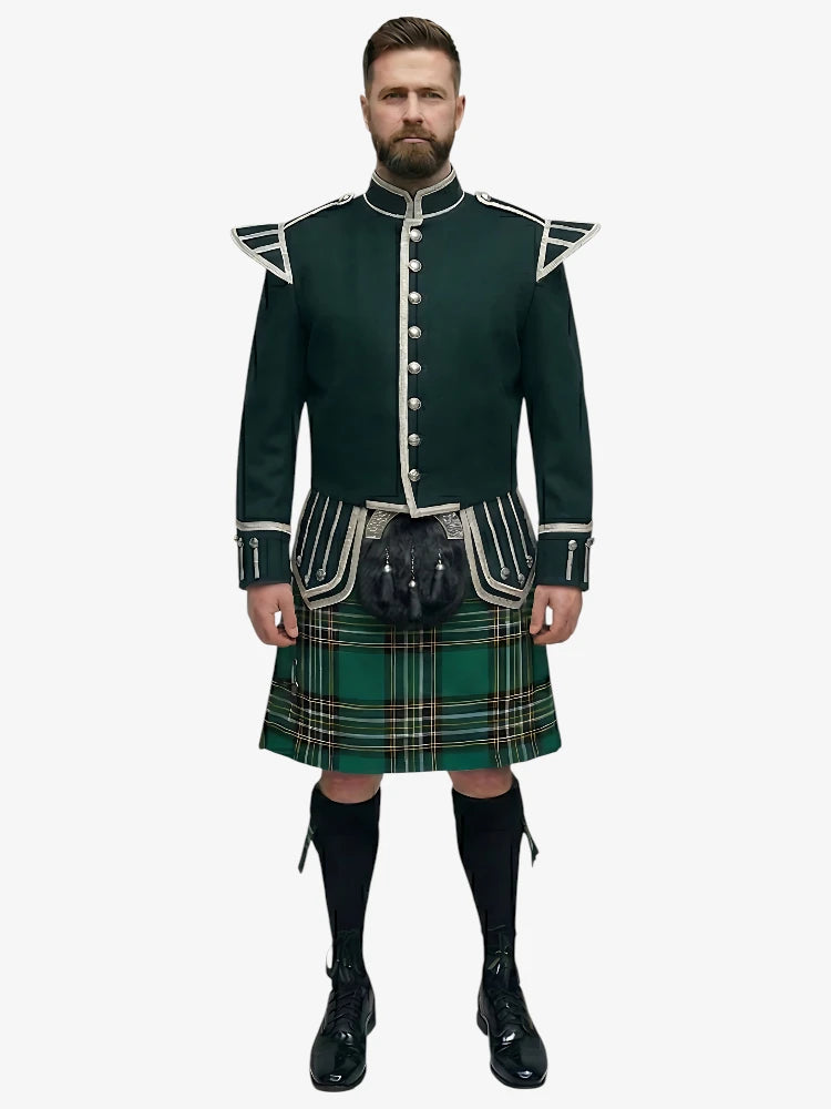 Completo Kilt Doublet Tartan Irish National con Giacca Verde Scuro
