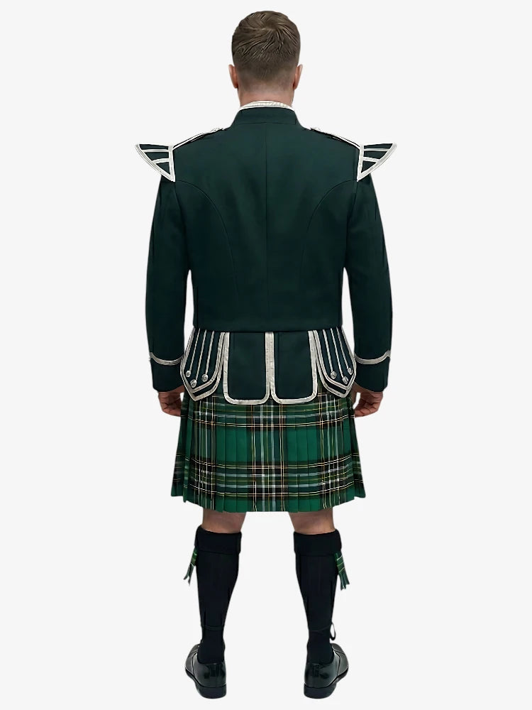 Completo Kilt Doublet Tartan Irish National con Giacca Verde Scuro