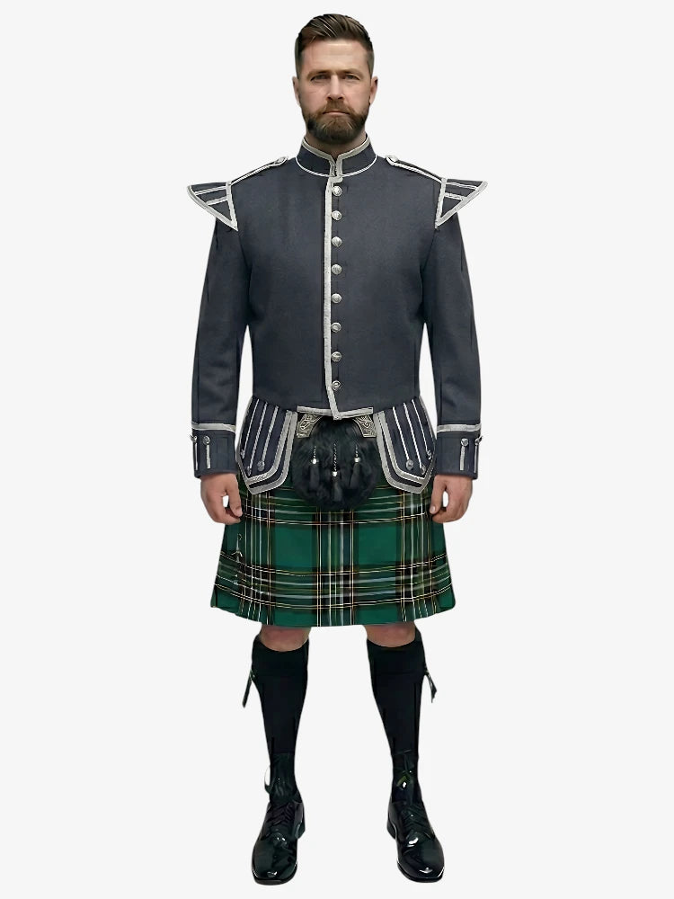 Completo Kilt Doublet Tartan Irish National con Giacca Grigio Scuro