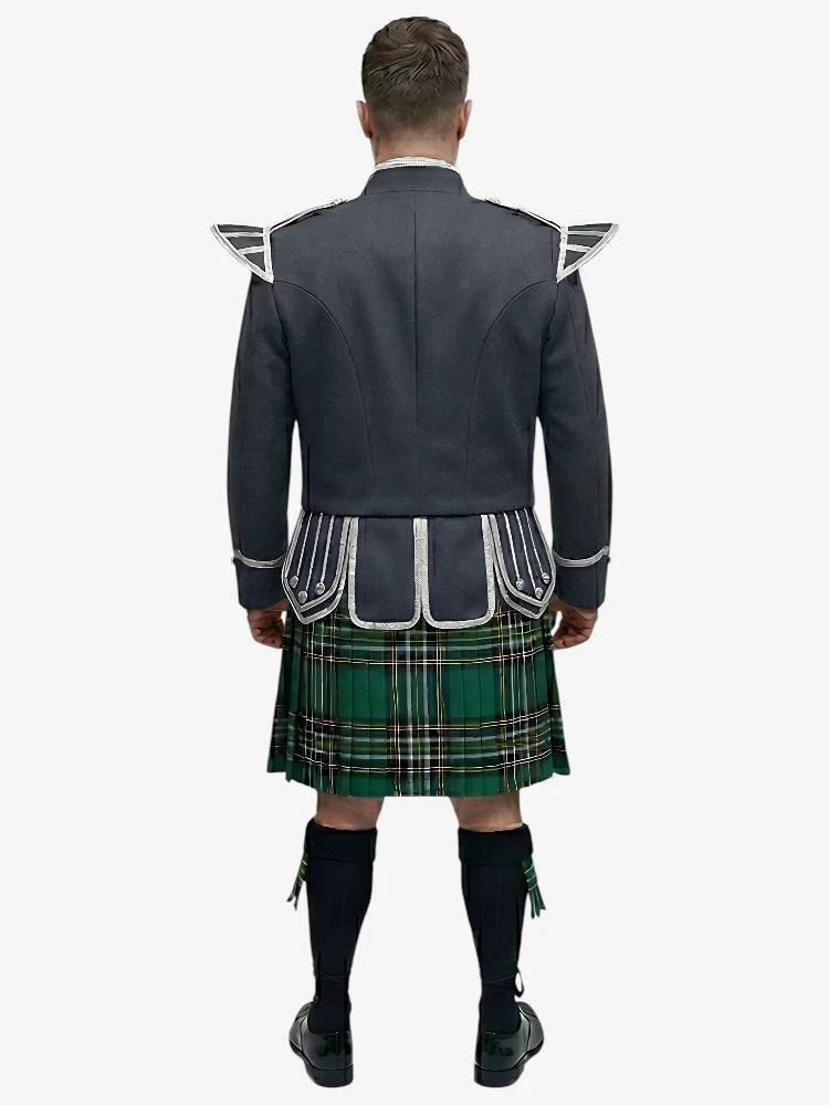 Completo Kilt Doublet Tartan Irish National con Giacca Grigio Scuro
