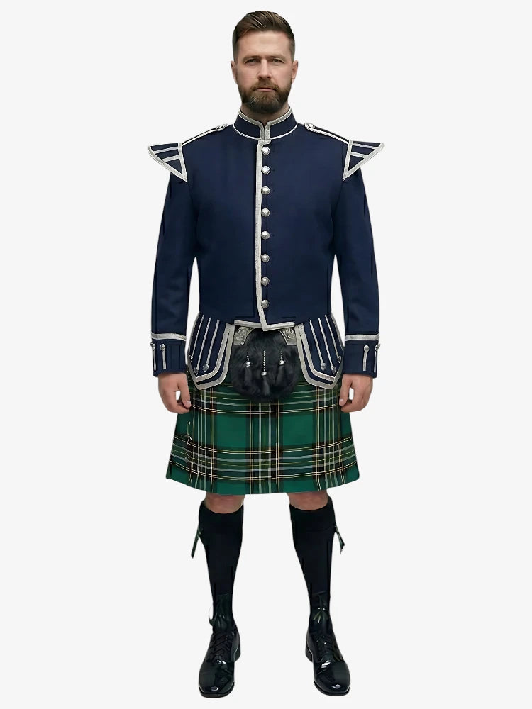 Completo Kilt Doublet in Tartan Irish National con Giacca Blu Navy