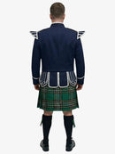 Person wearing a traditional Scottish irish national tartan kilt with a navy jacket on a white background