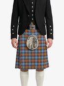 Person wearing a black jacket and plaid kilt with a silver buckle on a white background