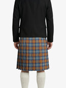 Person wearing a black jacket and plaid kilt on a white background