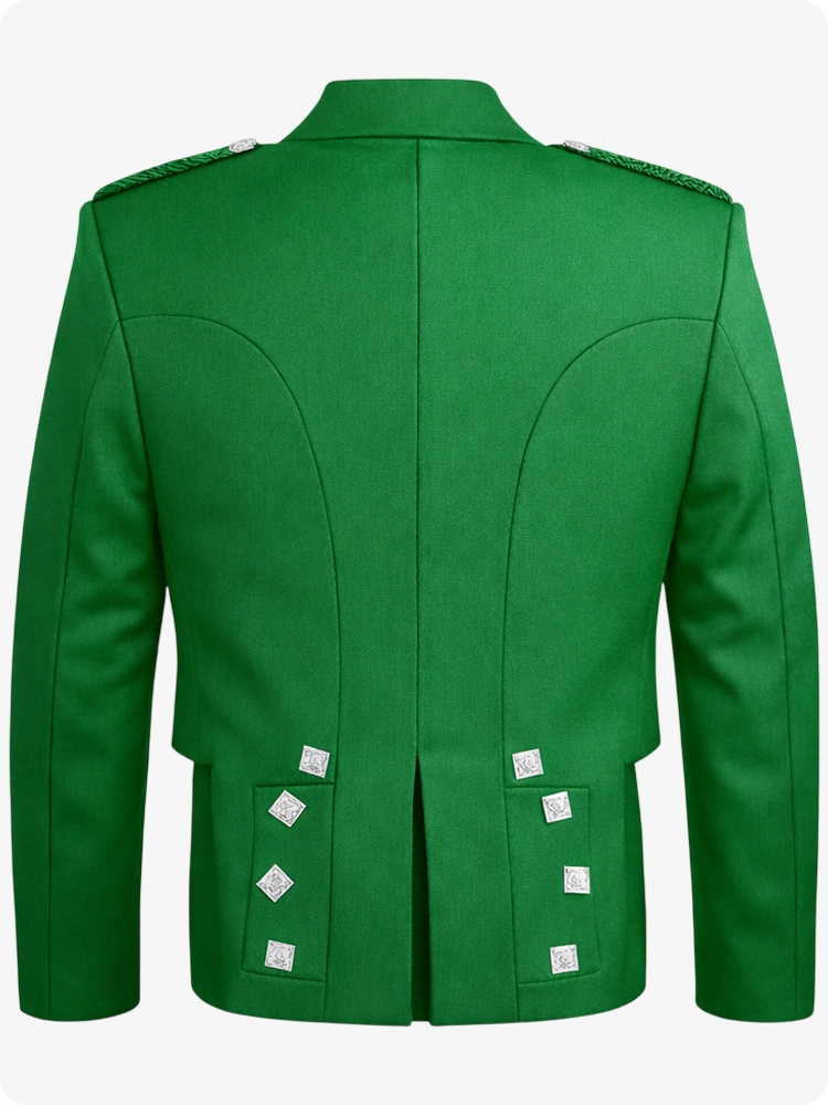 Giacca Kilt Prince Charlie Verde Kelly con Risvolti in Raso e Bottoni Quadrati Argento