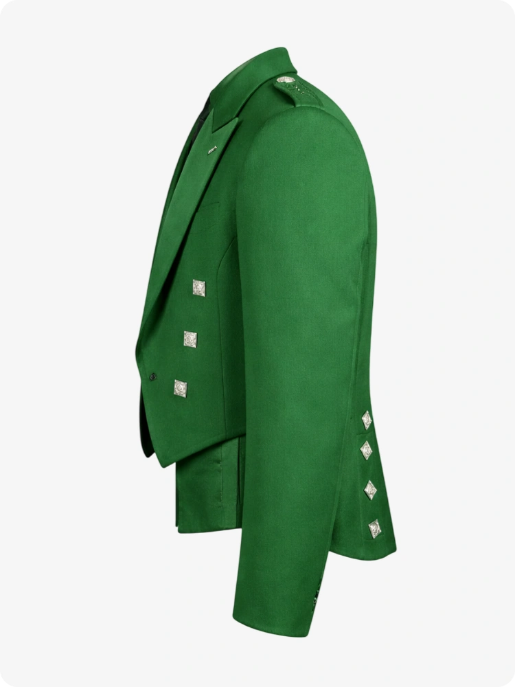 Giacca Kilt Prince Charlie Verde Kelly con Risvolti in Raso e Bottoni Quadrati Argento