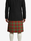 Person wearing a black coat and red plaid kilt on a white background