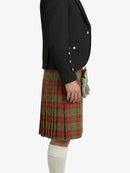 Person wearing a black jacket and red plaid kilt on a white background