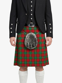Person wearing a black jacket and red plaid kilt with a sporran on a white background