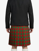 Person wearing a black jacket and red plaid kilt on a white background