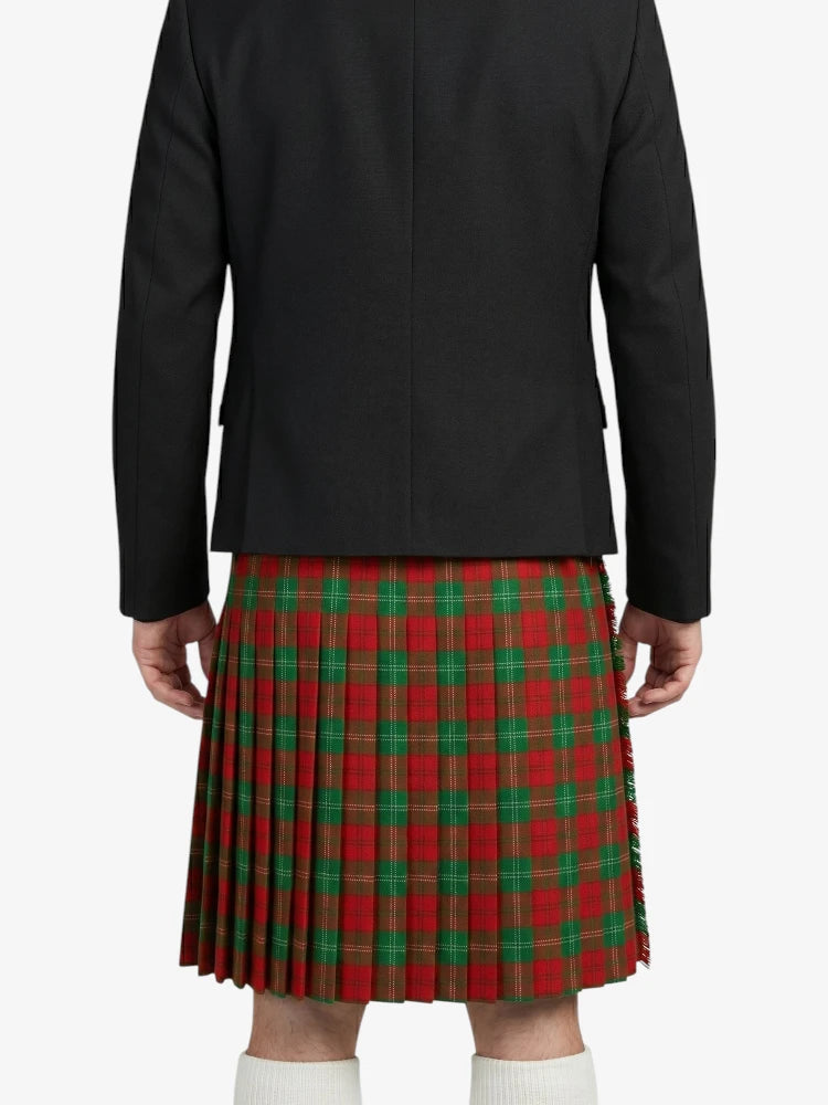 Person wearing a black jacket and red plaid kilt on a white background