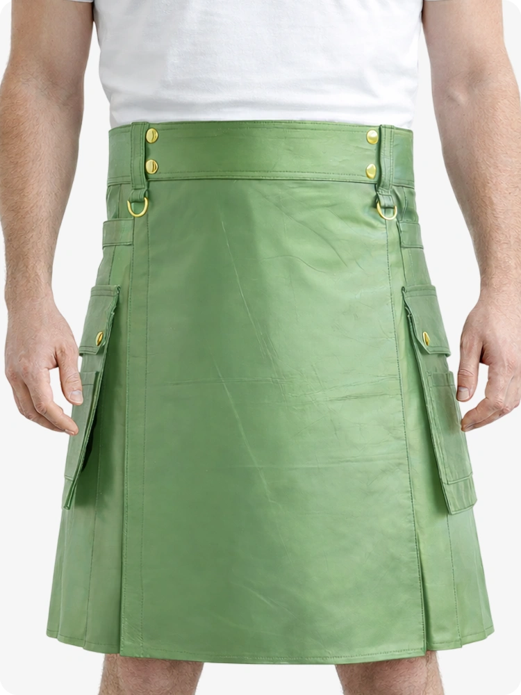Light Green Genuine Leather Utility Kilt with Cargo Pockets & D-Rings
