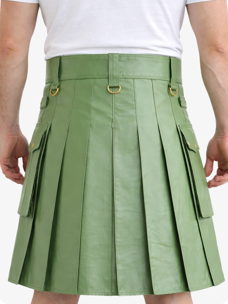 Light Green Genuine Leather Utility Kilt with Cargo Pockets & D-Rings