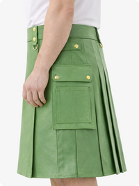 Light Green Genuine Leather Utility Kilt with Cargo Pockets & D-Rings