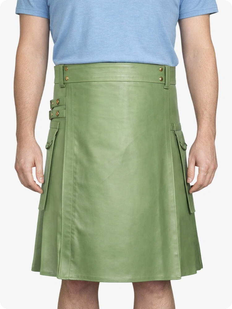 Light Green Genuine Leather Utility Kilt with Side Pockets