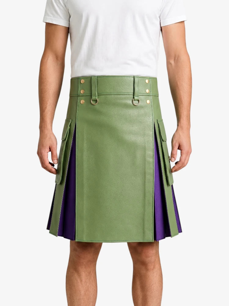 Light Green Leather Kilt With Purple Pleats