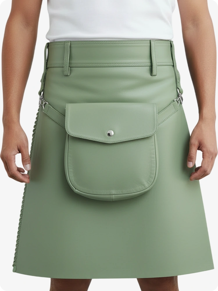 Kilt in pelle pieghettato verde chiaro con passanti cintura e cinghie laterali
