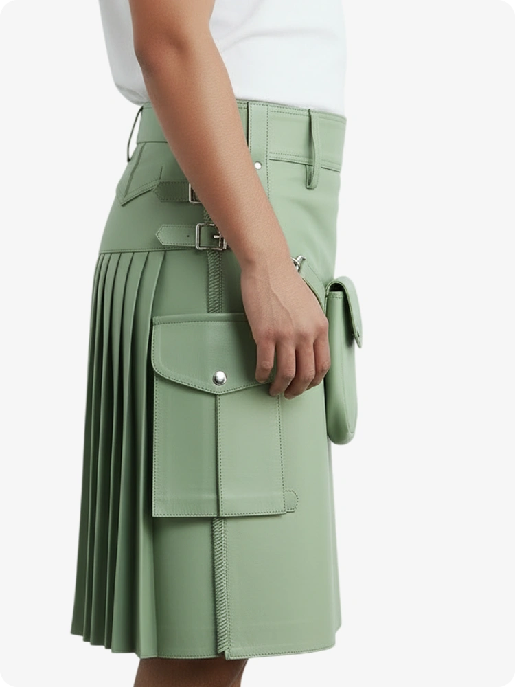Kilt in pelle pieghettato verde chiaro con passanti cintura e cinghie laterali