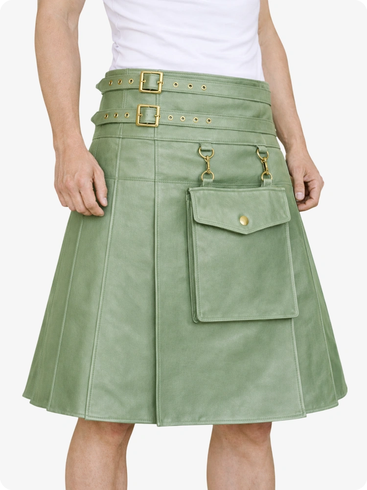 Kilt utility in pelle verde chiaro con tasca frontale e cinghie regolabili