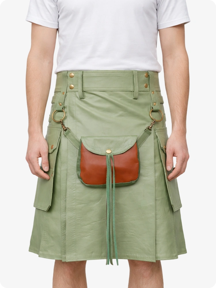 Light Green Leather Utility Kilt with Front Sporran