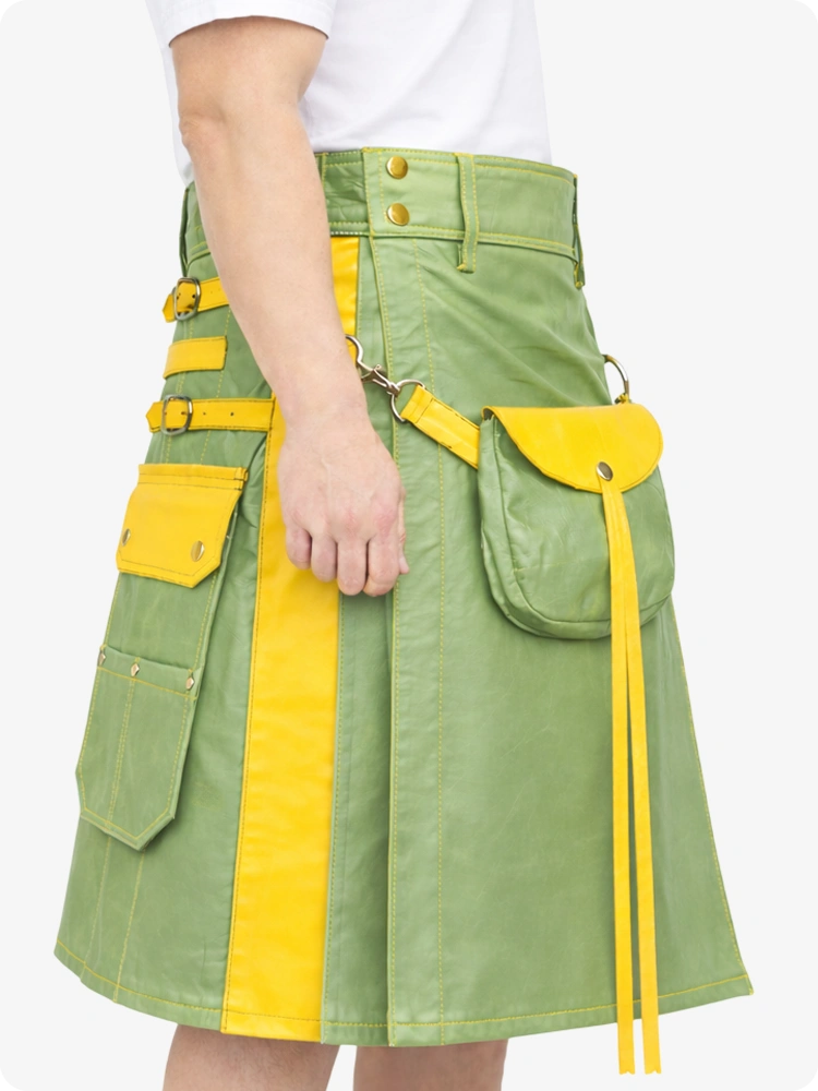 Light Green Leather Utility Kilt with Yellow Accents & Detachable Pockets