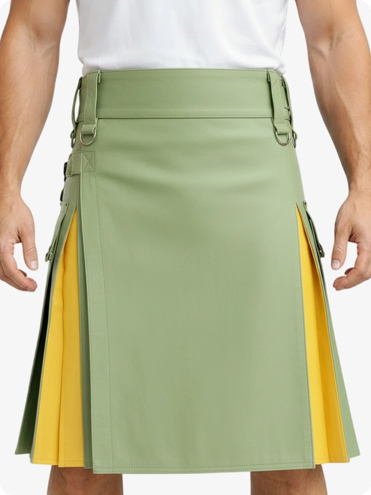 Kilt in pelle verde chiaro e giallo con tasche cargo