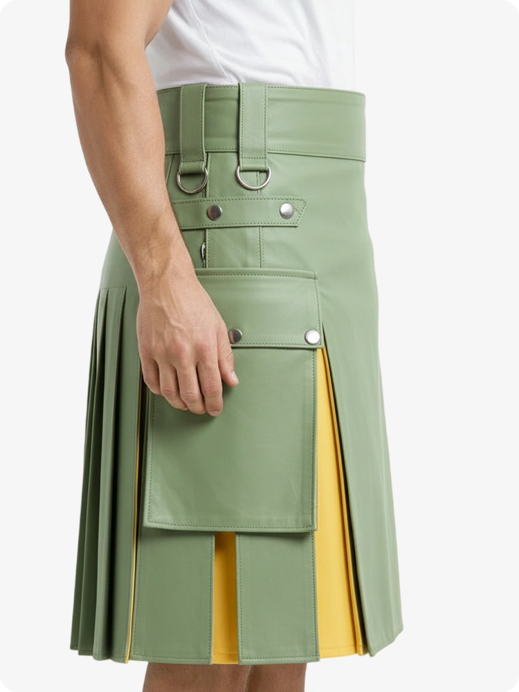 Kilt in pelle verde chiaro e giallo con tasche cargo