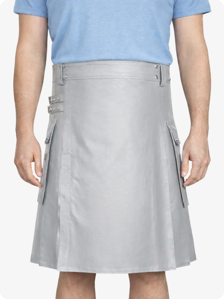 Light Grey Genuine Leather Utility Kilt with Side Pockets