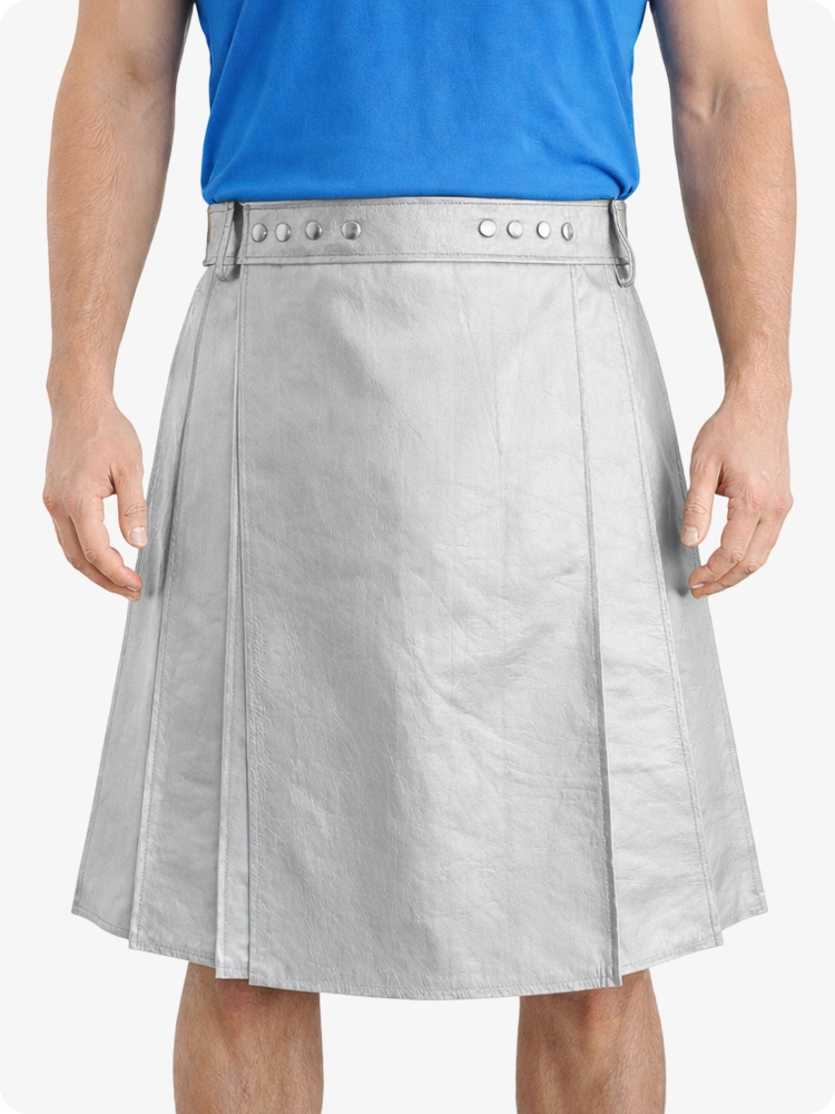 Light Grey Genuine Leather Utility Kilt with Studded Waistband