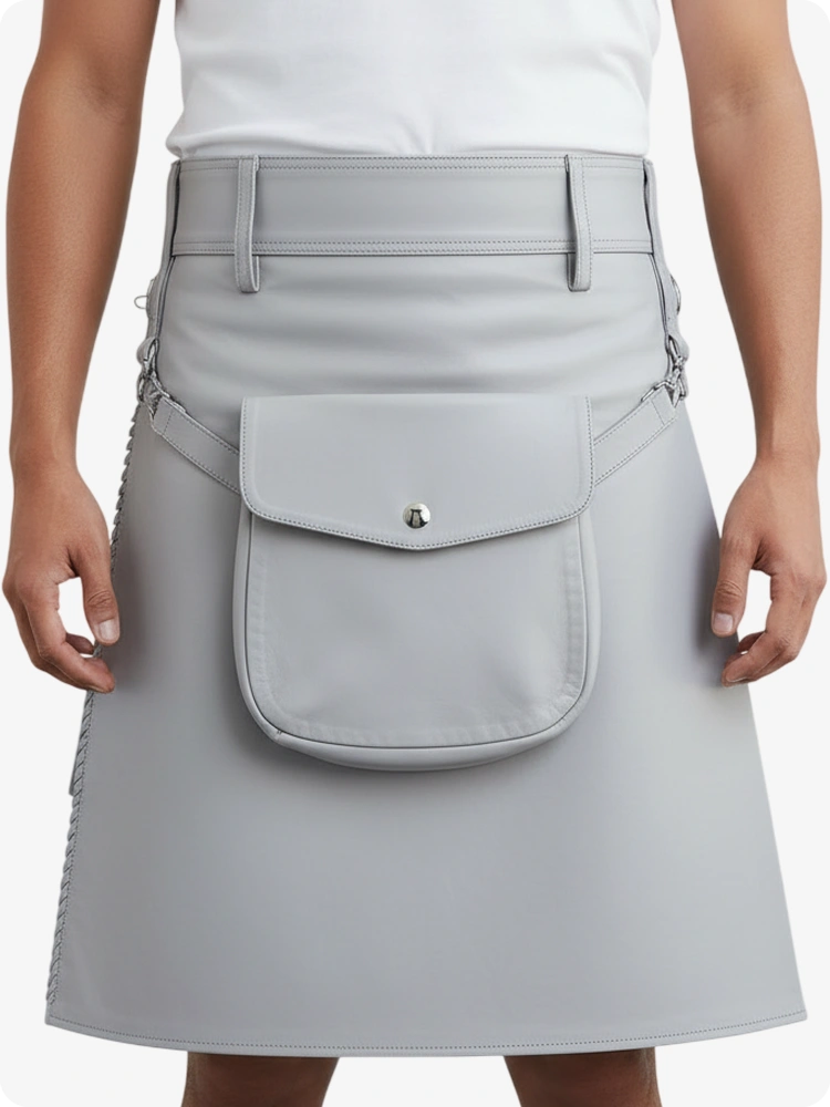 Kilt in pelle pieghettato grigio chiaro con passanti cintura e cinghie laterali