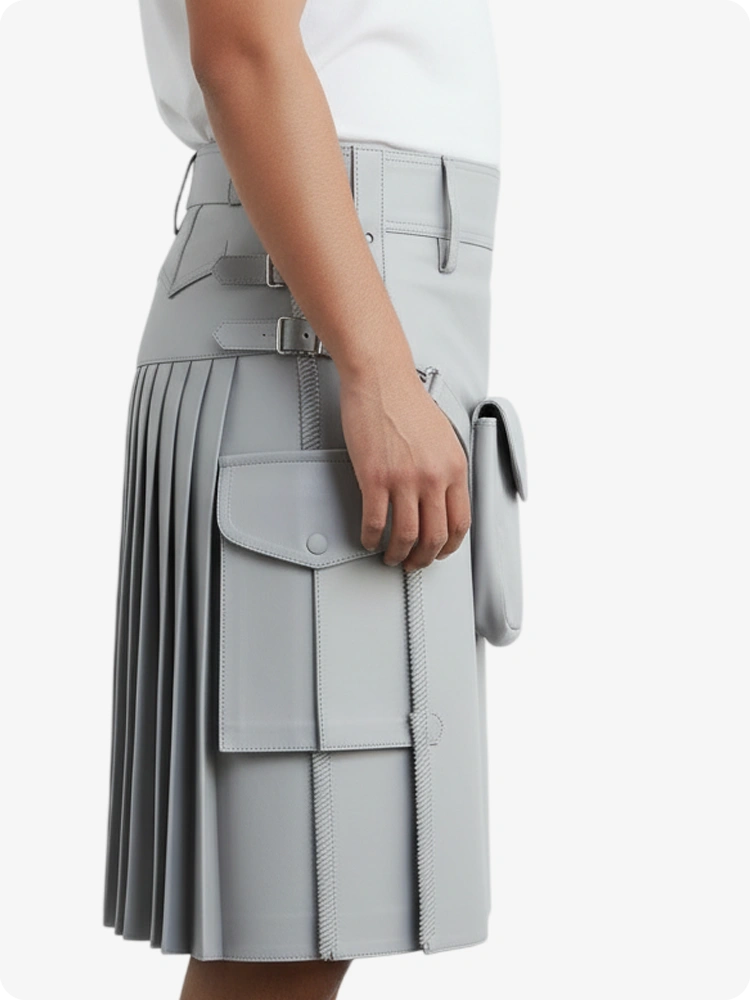 Kilt in pelle pieghettato grigio chiaro con passanti cintura e cinghie laterali
