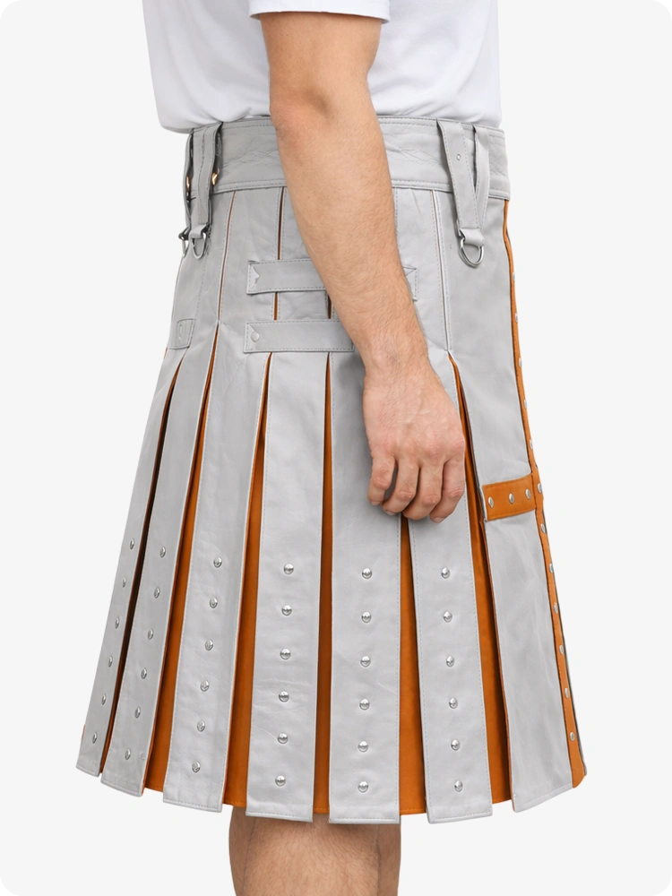 Light Grey Leather Utility Kilt with Brown Cross Panel & Metal Rivet Detailing