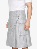 Light Grey Leather Utility Kilt with Chain Detailing & Adjustable Straps