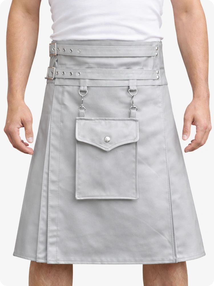 Light Grey Leather Utility Kilt with Front Pocket & Adjustable Buckle Straps