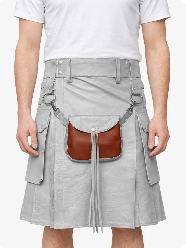 Light Grey Leather Utility Kilt with Front Sporran