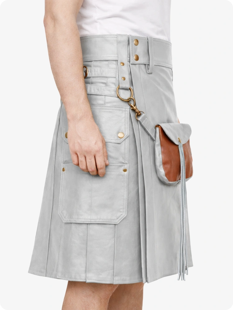 Light Grey Leather Utility Kilt with Front Sporran