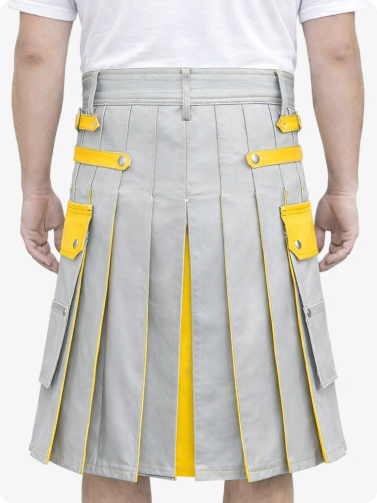 light Gray kilt with yellow accents worn by a person on a white background