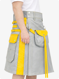light Gray skirt with yellow accents worn by a person on a white background