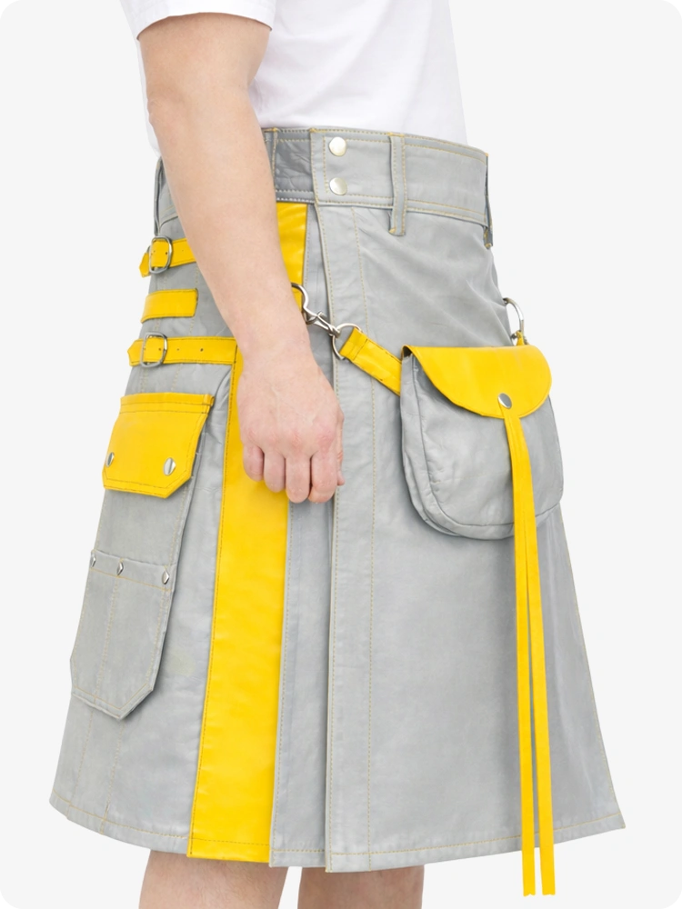 light Gray skirt with yellow accents worn by a person on a white background