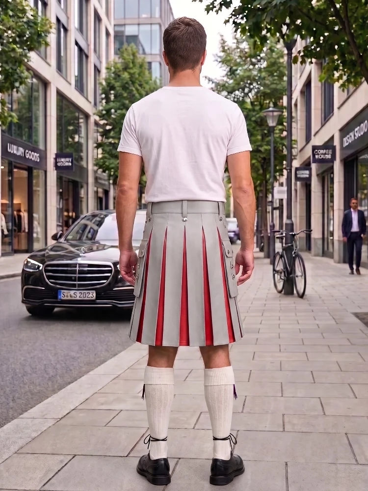 Light Grey With Red Cowhide Leather Hybrid Utility Kilt