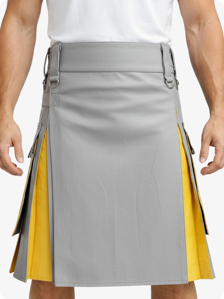 Kilt in pelle grigio chiaro e giallo con tasche cargo