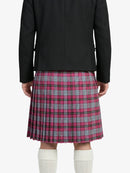 Person wearing a black jacket and pink plaid kilt on a white background