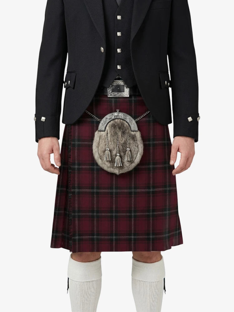Person wearing a traditional Scottish kilt with a tartan pattern on a white background